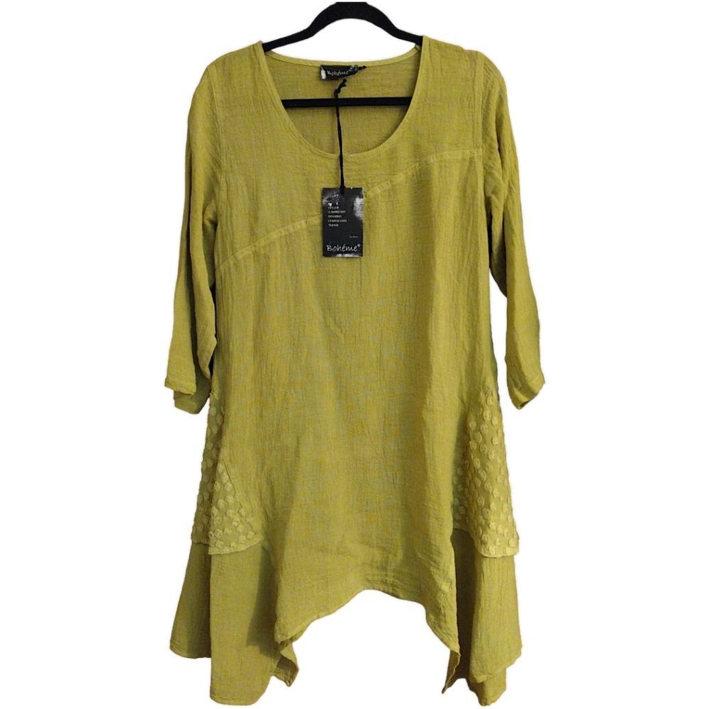 Boheme Linen Blend Midi Dress, Size 2, Light Green/Yellow